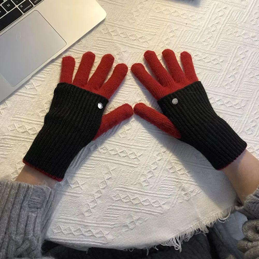 Dual-purpose Color Blocked Knitted Gloves Open-Finger Arm Cover Winter Women Gloves Daily Use