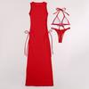 Women's Three-Piece Mesh Cover-Up Set Bikini with Padded Bra Wireless Swimsuit Sheer Maxi Dress Side Tie Beachwear