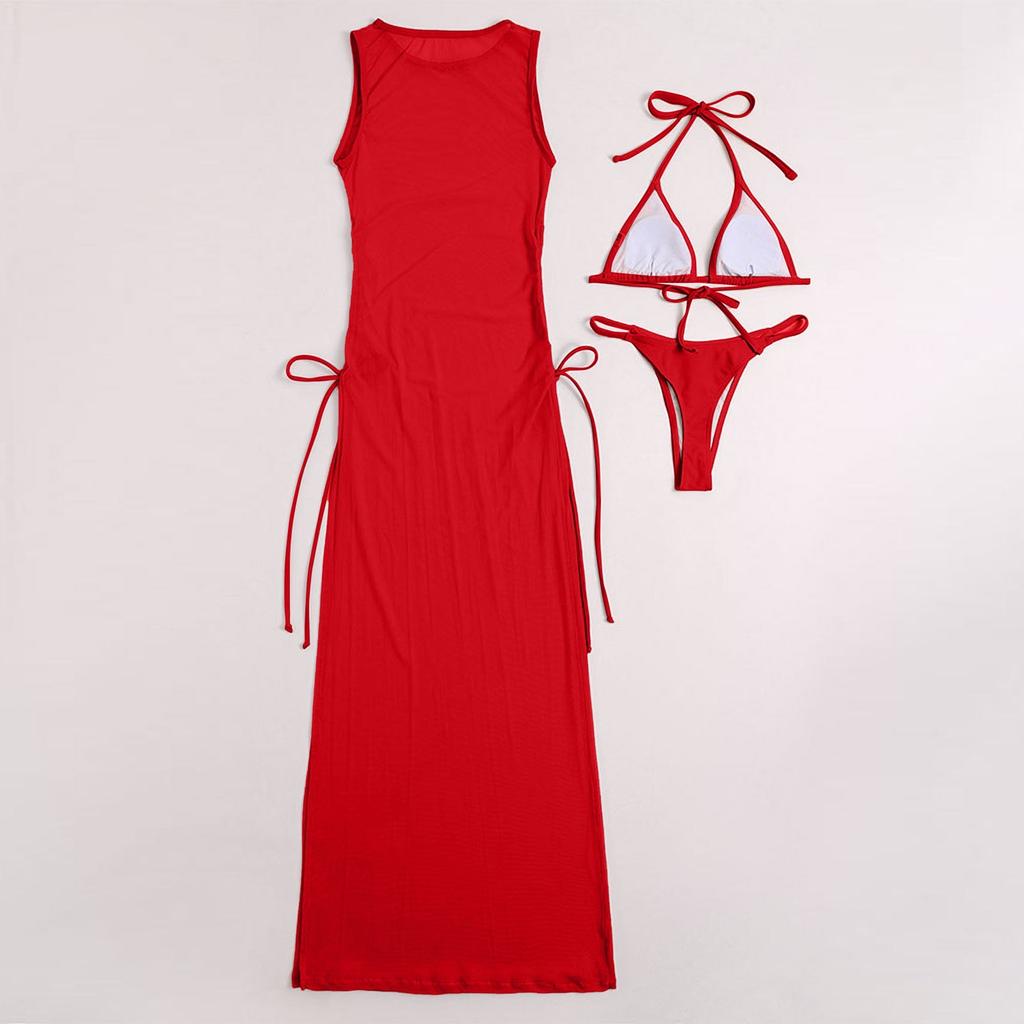 Women's Three-Piece Mesh Cover-Up Set Bikini with Padded Bra Wireless Swimsuit Sheer Maxi Dress Side Tie Beachwear