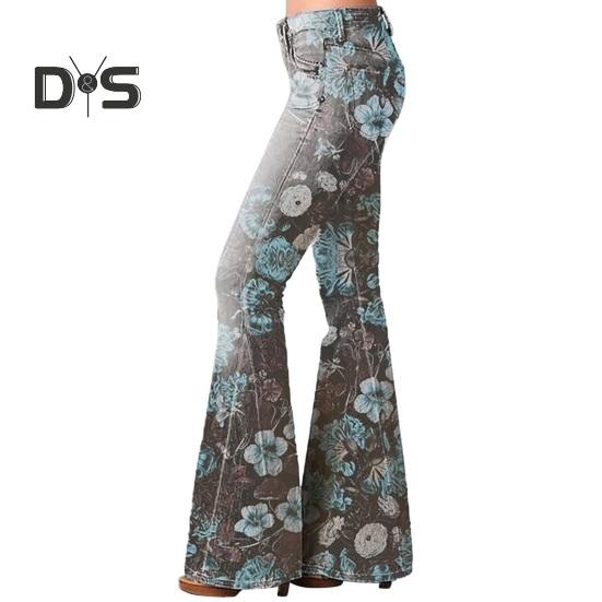 Women Denim Pants High-Waisted Floral Print Flared Jeans with Pockets Belt Ring Lightweight Breathable Jeans
