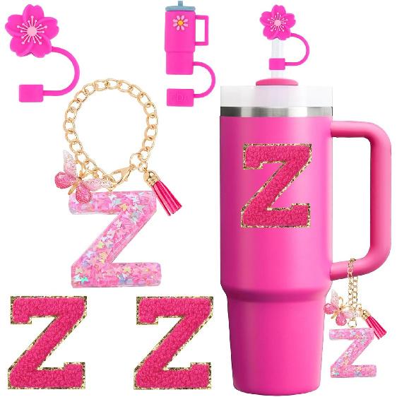 Cup Accessories Set for Stanley Cup 30oz 40oz tumbler with handle, Including Silicone Straw Topper Cover Cap, Handle Charm, Initials Sticker Fuchsia