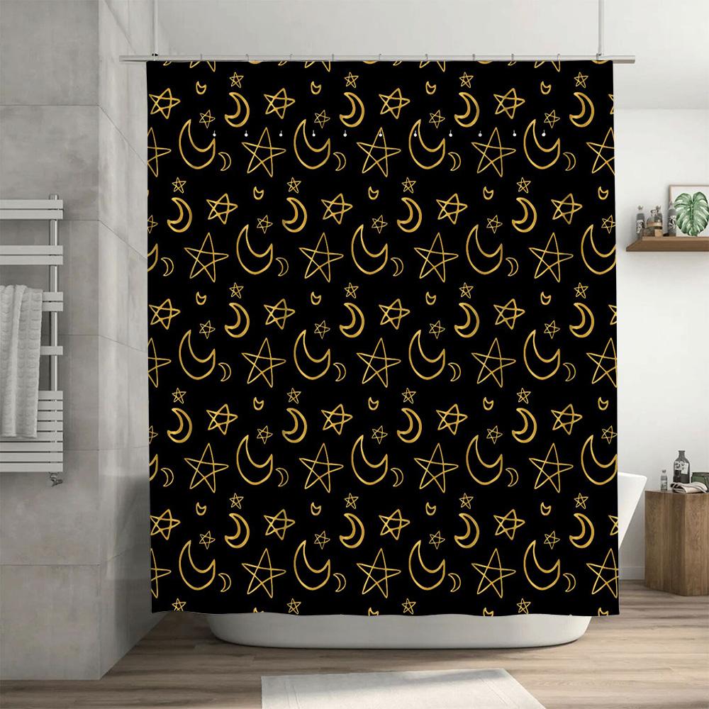 Charming Bathroom Decor: Moon Stars Crescent Moon Print Shower Curtain with Rod Pocket for Home Decoration Black and Gold Floral