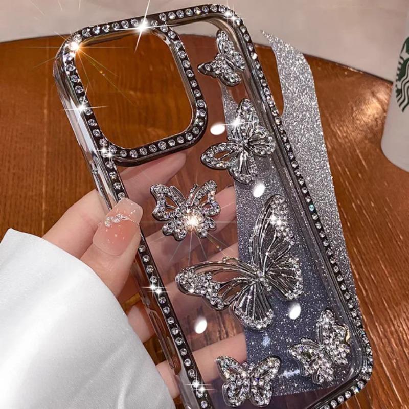 Glitter 3D Butterfly Shiny Case For iPhone 17 16 15 14 13 12 11 Pro Max Diamond Bling Sparkly Rhinestone Girls Pink Cute Cover