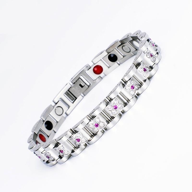 Stainless Steel Magnetic Bracelet With Crystal Floral Design Women Men Fashionable Geometric Style Jewelry