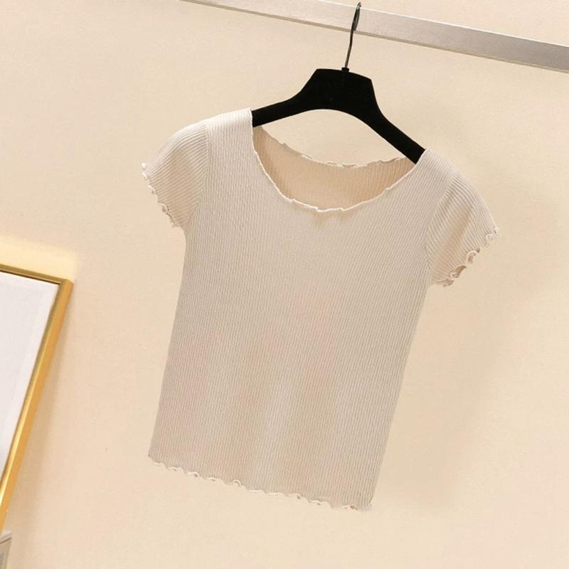 Dámské Léto Pletené Ledové Hedvábné Trička Topy Krátký rukáv Tenký Plísňový Listový Límec Vysoký Pas Jednobarevná Studená