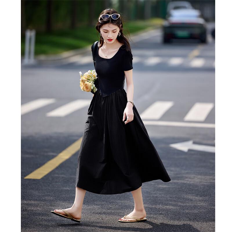 

Women s Summer Color Block Faux Two-Piece T-Shirt Dress L