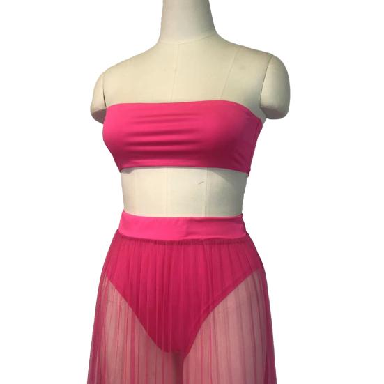 3Pcs/Set Vest Skirt Set Sexy Bandeau Tops High Waist Briefs Mesh Pleated Long Skirt Set Solid Color Outfit