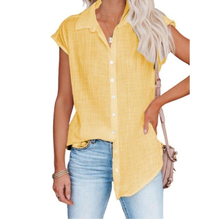 Women's Casual Summer Solid Color Short Sleeve Lapel Blouse Single Breasted Shirt Top