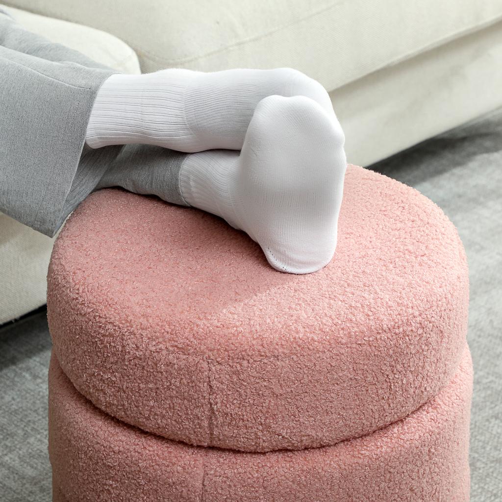 Living Room Footrest, Round Ottoman Stool, Plush Teddy, 40 x 45 cm, Pink