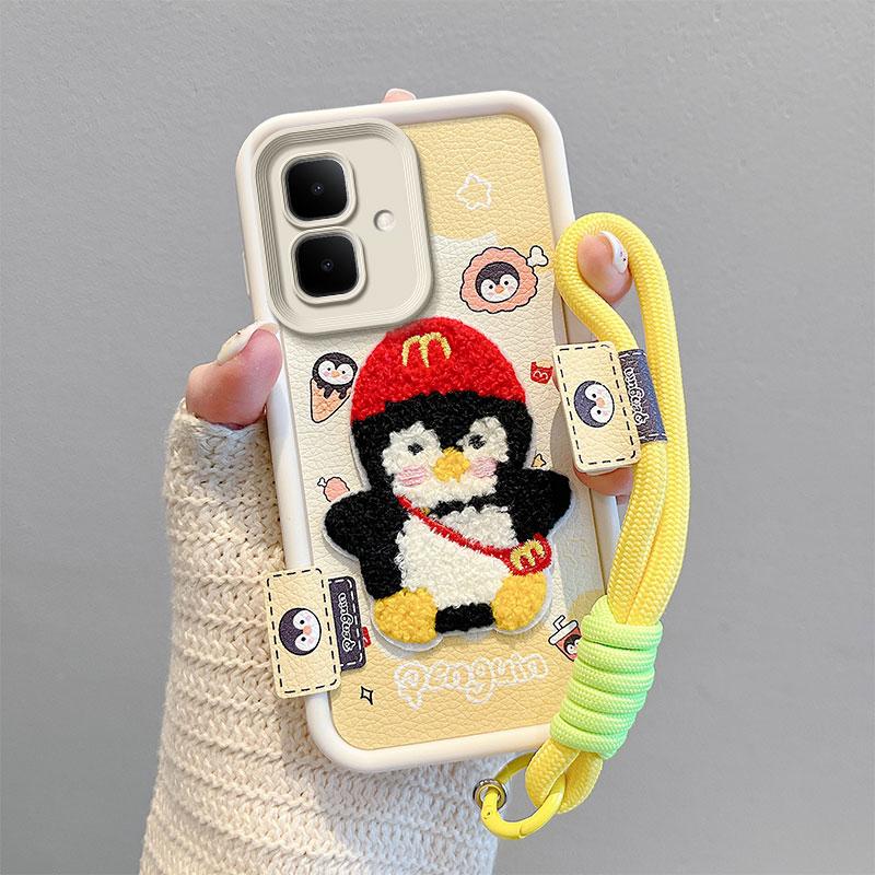 KEYSION Cartoon Cute Plush Embroidery Case for Infinix Smart 10 with Lanyard Silicone Shockproof Phone Cover for Infinix Smart 10