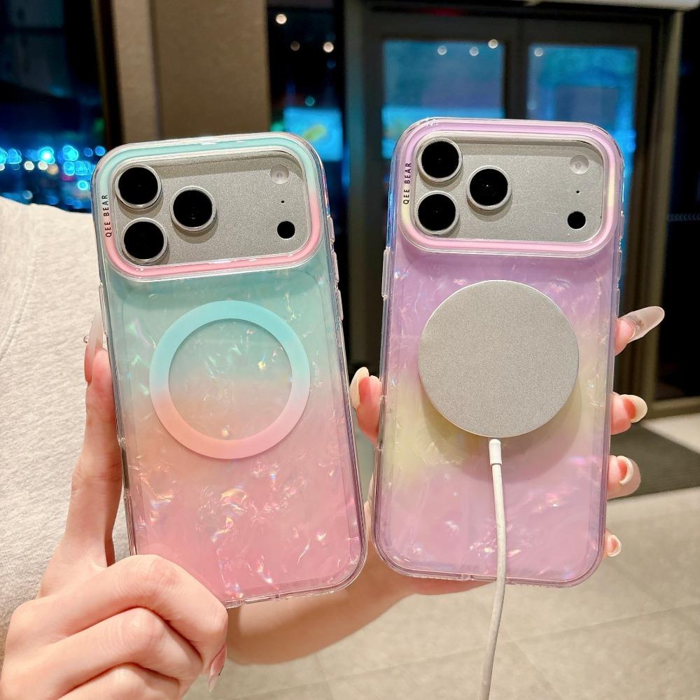 Candy Color Gradient Shell Texture Magnetic Wireless Charger Case for IPhone 18 17 Pro Max 16 15 14 13 12 Hard Shockproof Camera Lens Protective Cover