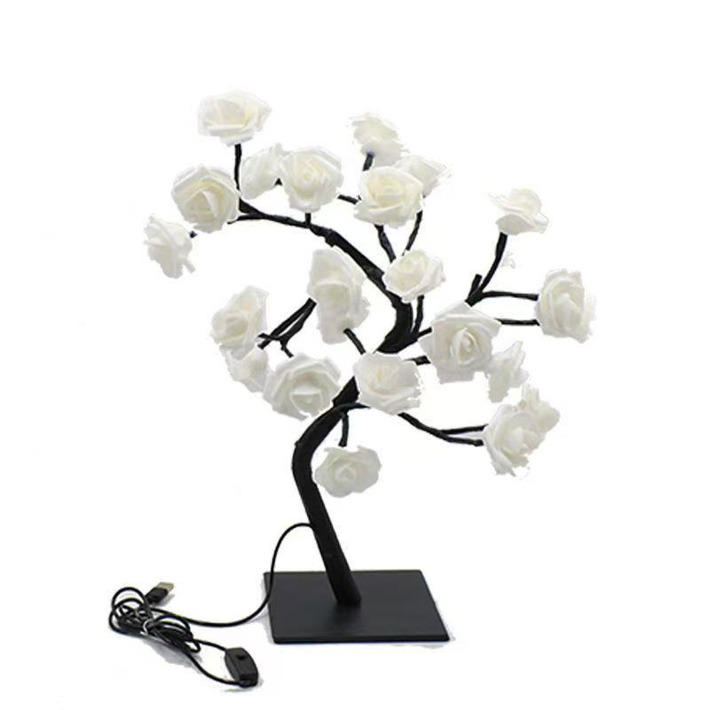 

USB Dual Switch LED Rose Flower Tree Light - Table Decoration Night Light Warm Light, Black Tree Base білий/Яскраво-рожевий