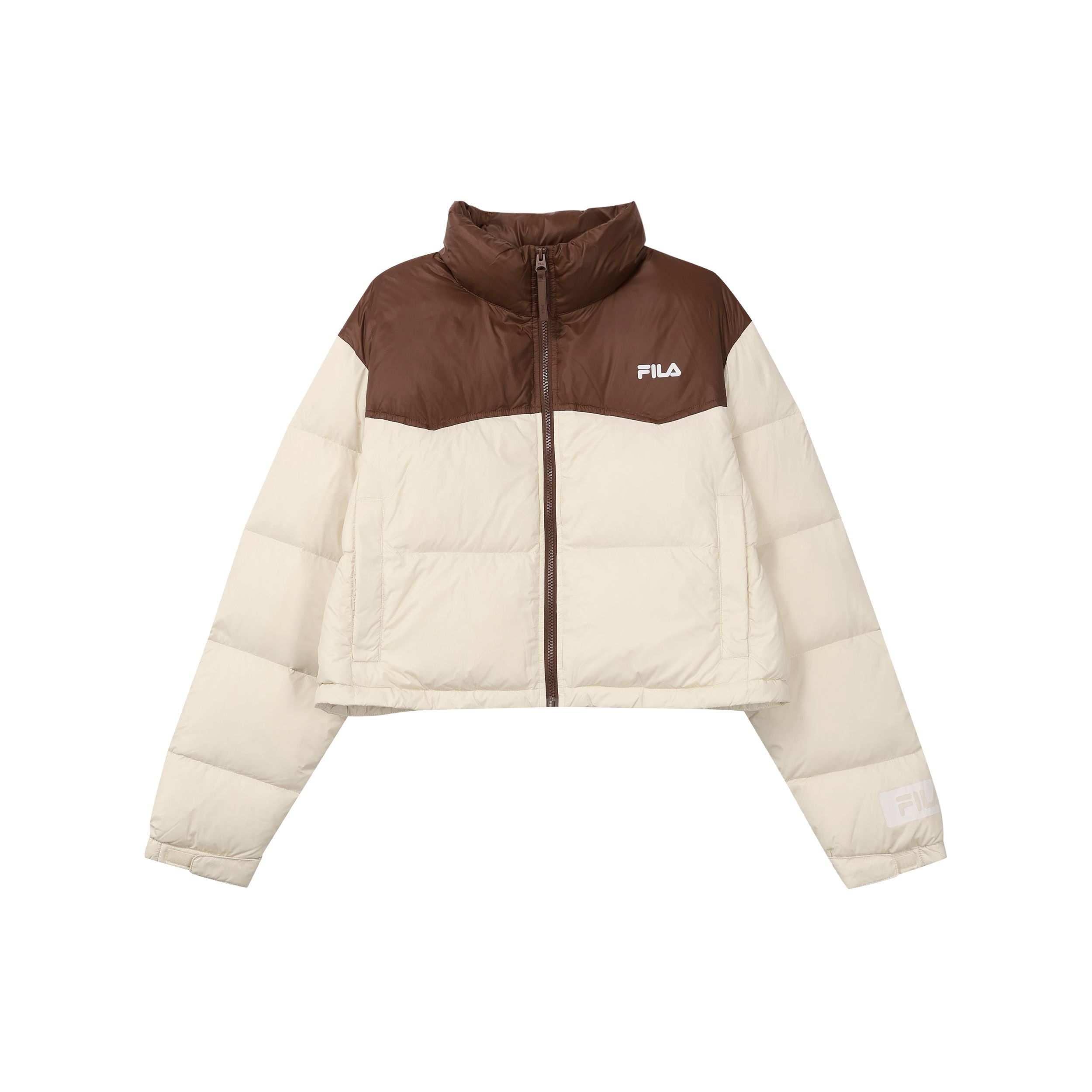 

FILA Color Block Logo Zip Stand Collar Long Sleeve Down Jacket Women outerwear Beige F51W349901F-BG XXL