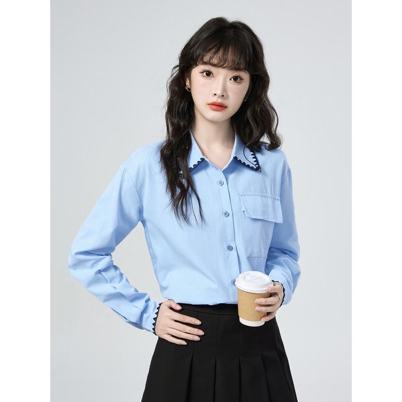 Elegant Blue Polo Collar Slimming Women's Long-Sleeve Shirt - 2026 Early Spring Arrival