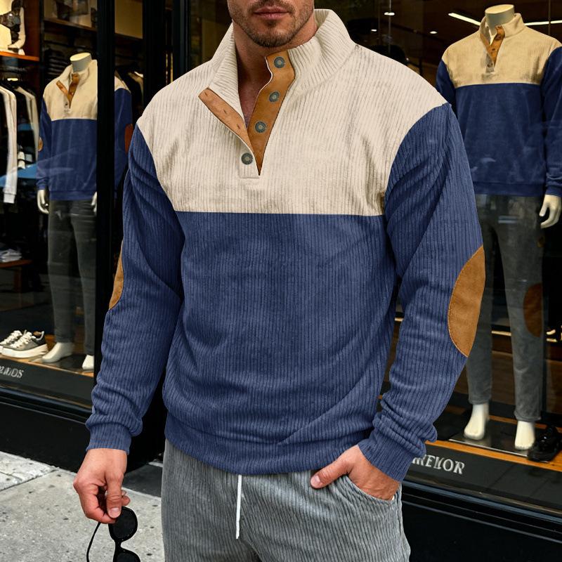 Men's Corduroy Color Block Henley Shirt Casual Button-Up Stand Collar Pullover with Elbow Patches