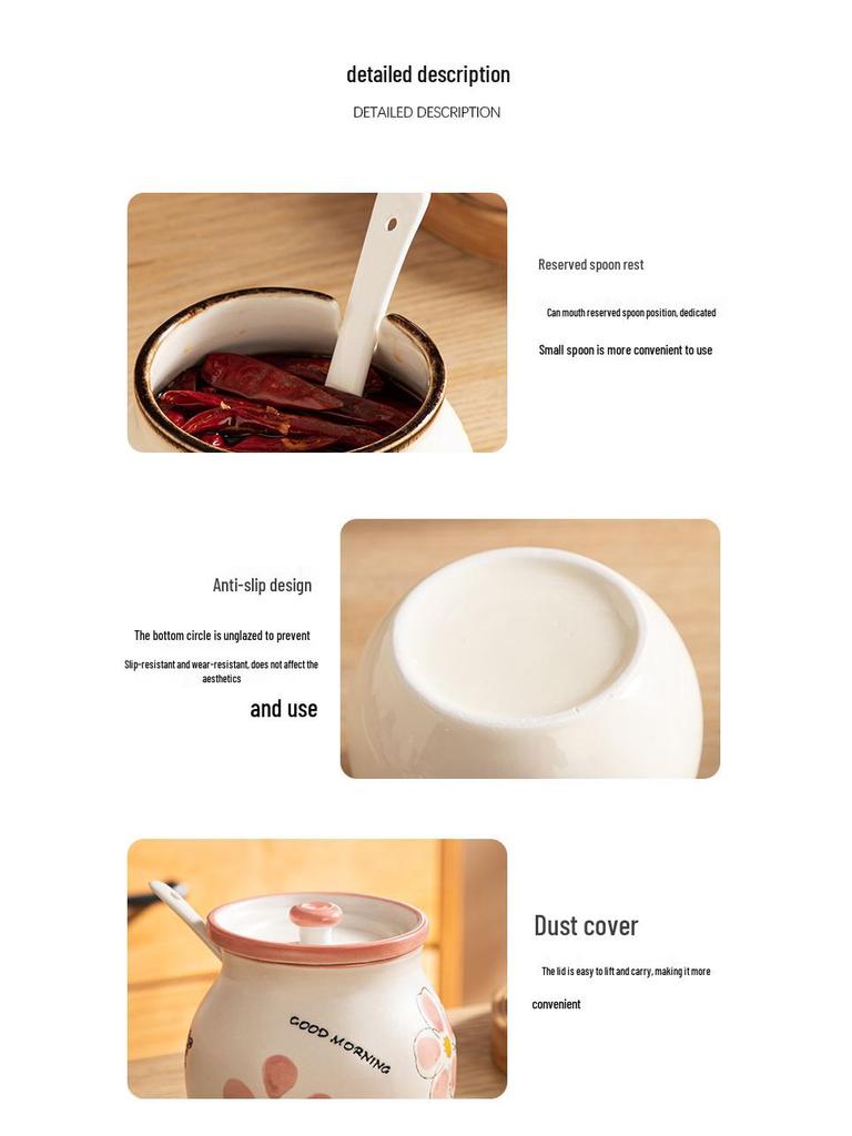 Japanese Ceramic Seasoning Jar with Lid and Spoon - Cute, High-Temperature Resistant Storage for Your Kitchen