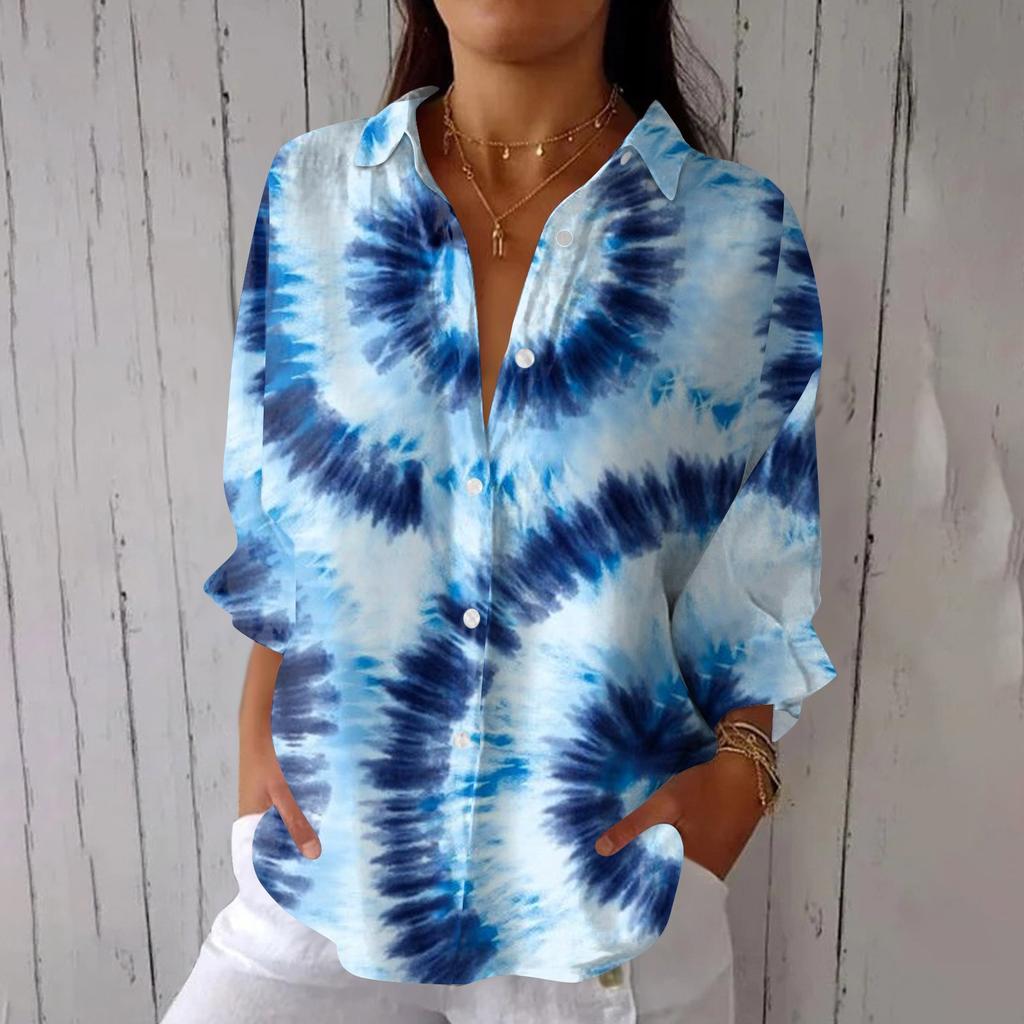 Women's Fashion 3/4 Sleeve Casual Lapel Back Tie-Dye Floral Print T-Shirt Top