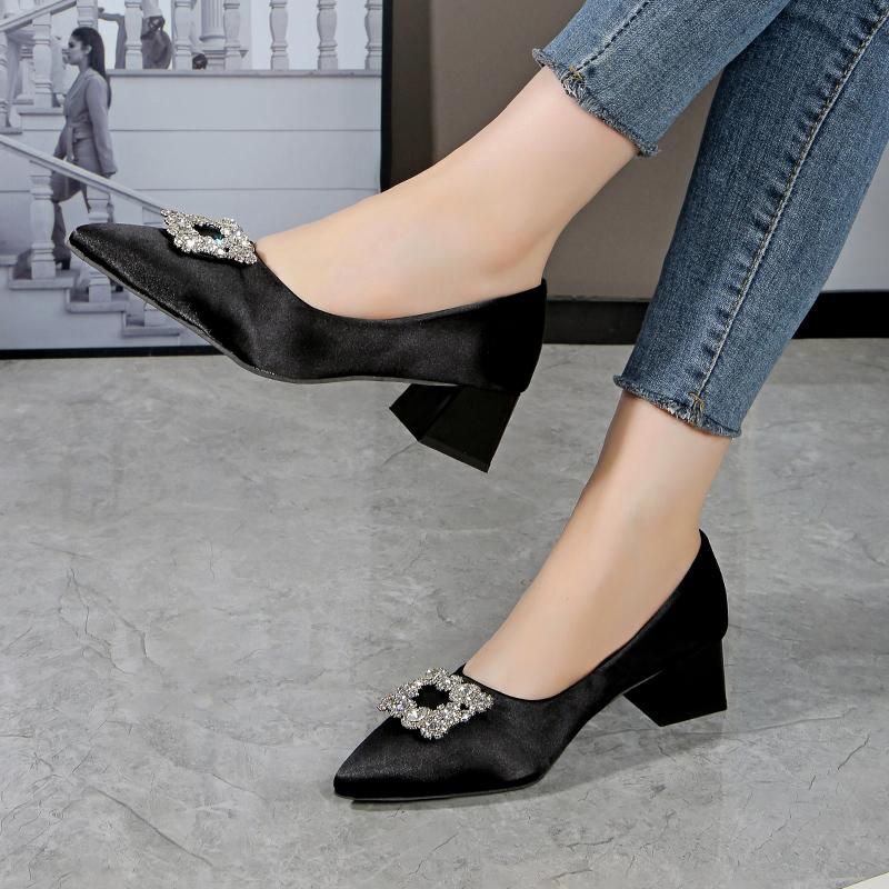 Pointed Toe Chunky Heels Women's Shoes Rhinestone Diamond Ladies Pumps Square Block Heel with Crystals Medium Korean Style Young