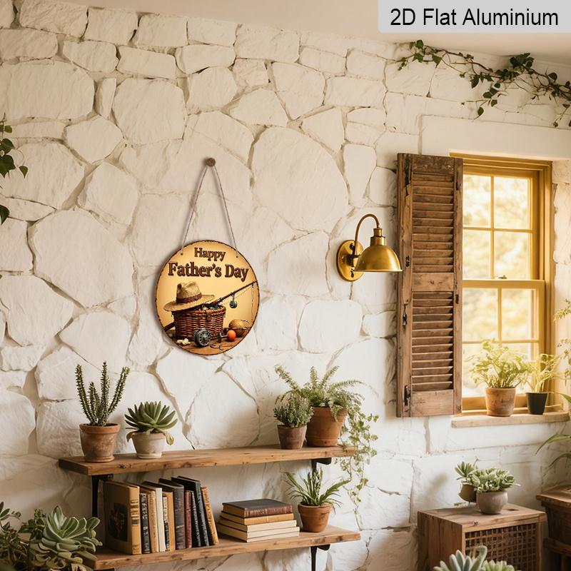 2D Flat, 1pc Vintage Aluminum Father's Day Sign - Round Rustic American Style Wall Decor with Fishing & Outdoor Theme, Pefect for Man Cave, Garden