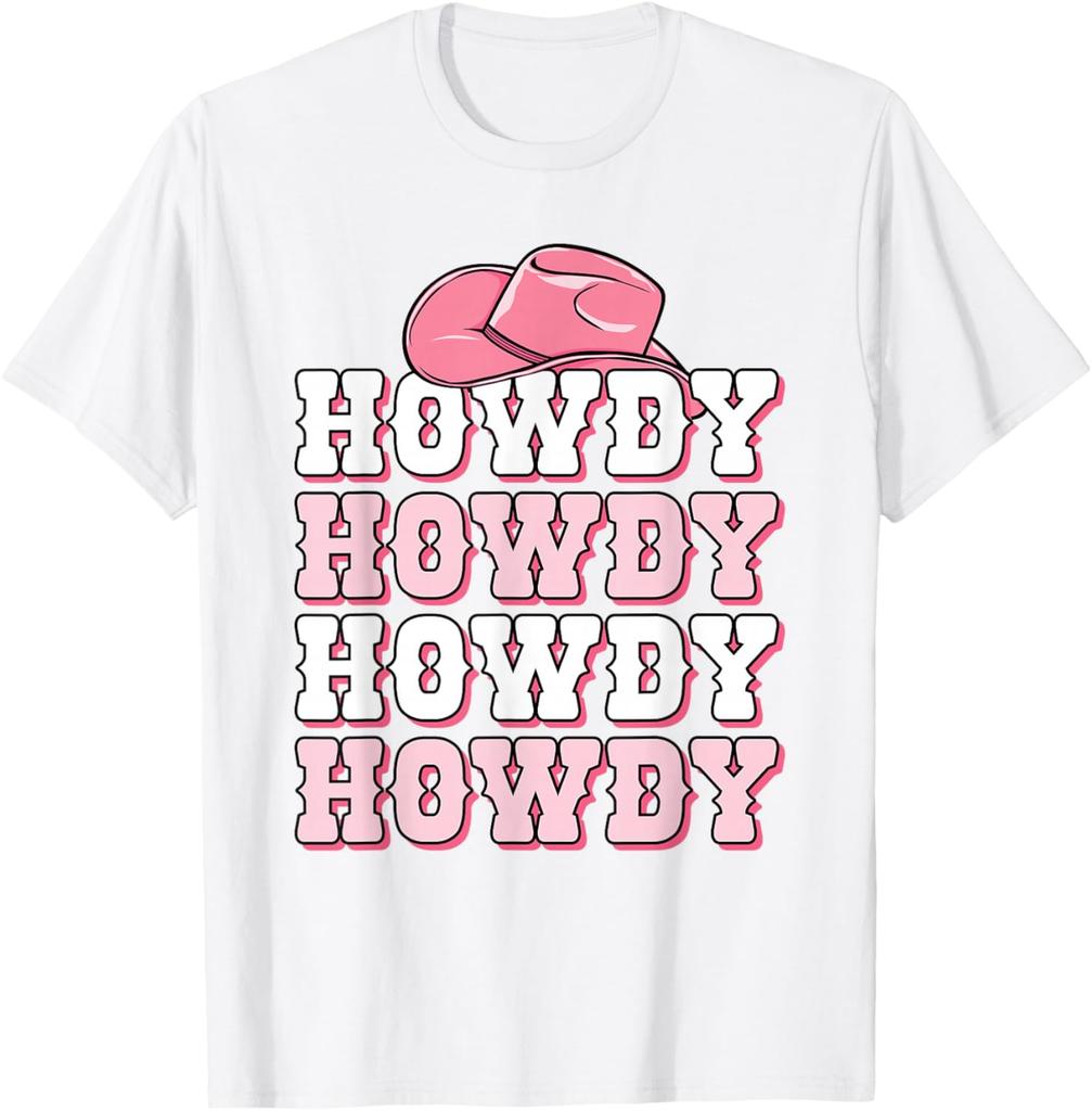 Howdy Pink Cowboy Hat Western Graphic Tee Soft Breathable Casual T-Shirt for Women