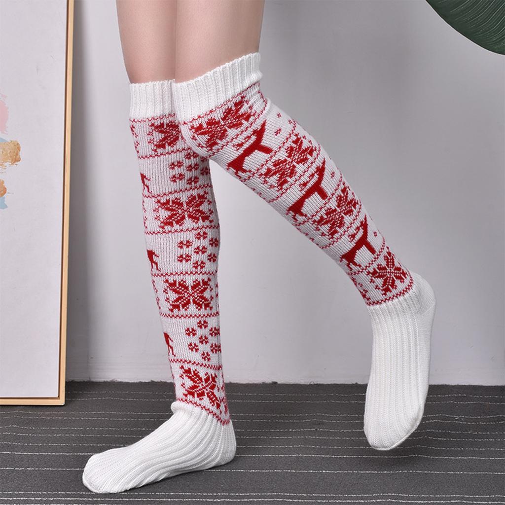 Modische Damen Kniestrumpf Weihnachtsstrümpfe mit Rentier Schneeflocken Muster Festival Gestrickte Über das Knie Lange Socken