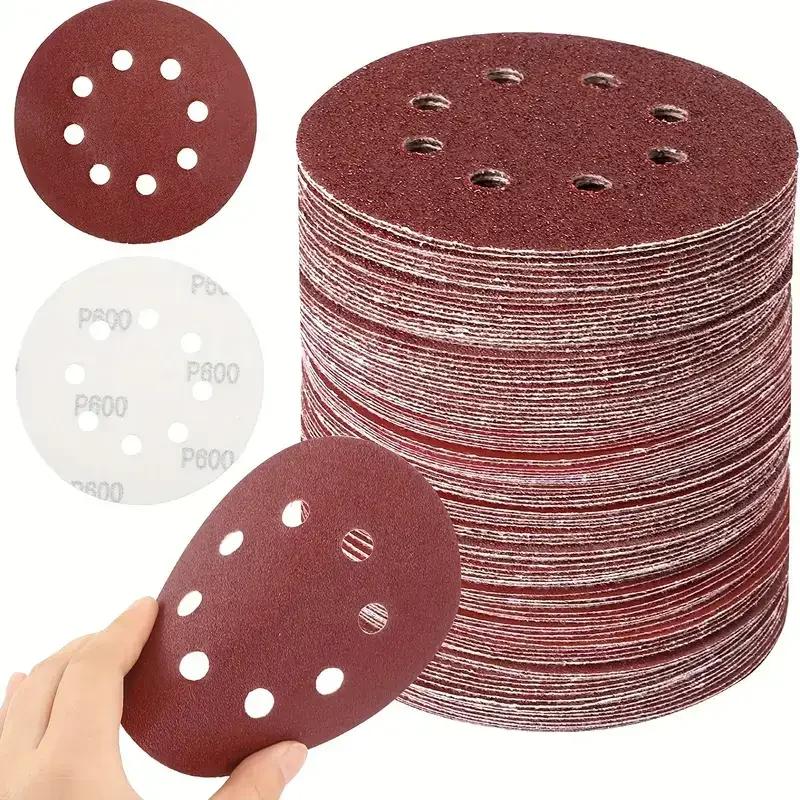 5 Inch 80 Grit Aluminum Oxide Sanding Discs - 8 Hole Hook & Loop for Air Grinder - Red Velvet Sandpaper for Metal/Wood Polishing