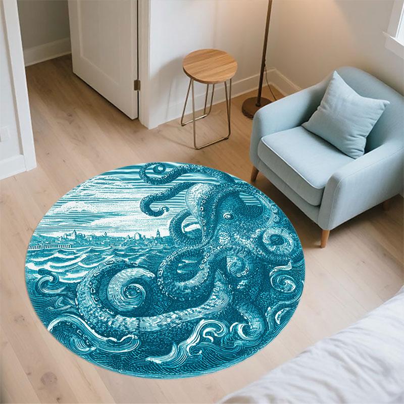 Runder Teppich mit Oktopusmuster, Teppich für Wohnzimmer, Schlafzimmer, Spielzimmer, Rutschfeste Bodenmatte, Feiertagsgeschenke und Geburtstagsgeschenke.