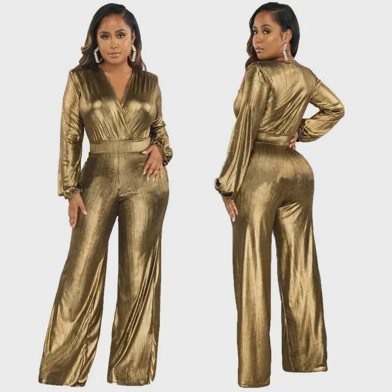 Salopetă Argintie cu Decolteu în V, Foarte Elastică - Stil Sexy European și American