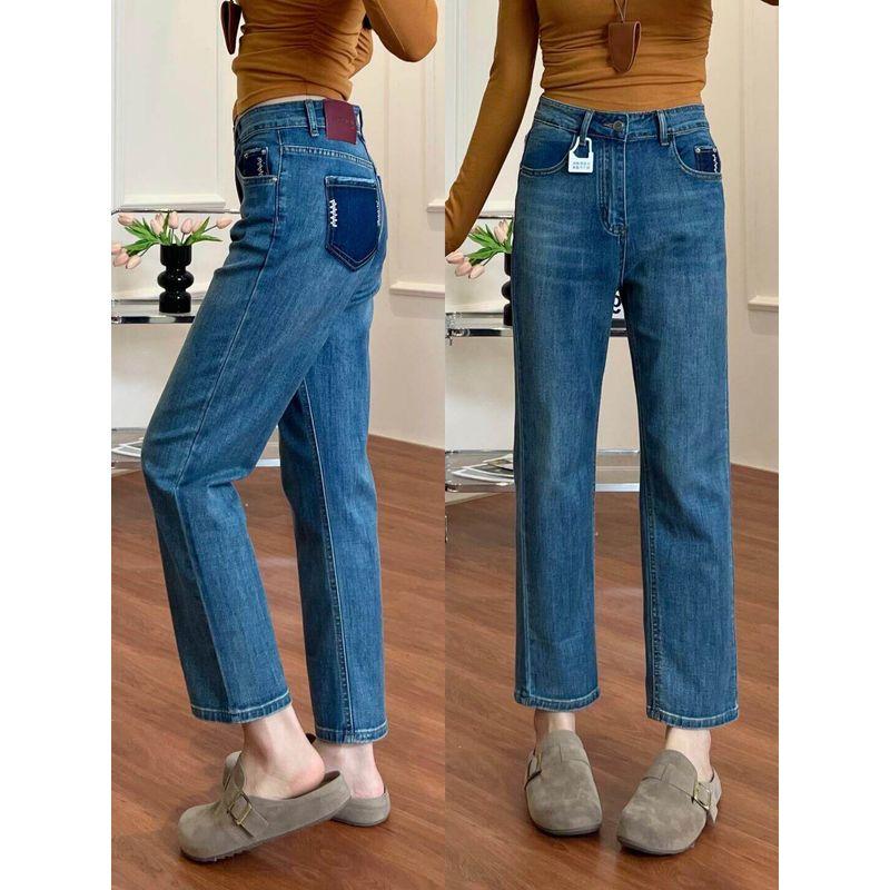 Blue Straight-Leg Jeans for Women, New Spring Style, Plus-Size, Pear-Shaped Body, High-Waisted, Stretchy, Slimming, Cropped Baguette Pants Blue Cropped Pants S