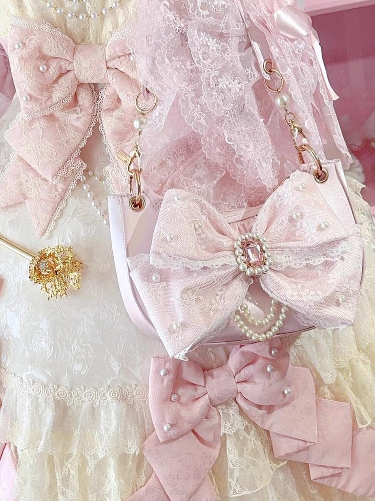 Women Pearl Chain Princess Underarm Bag With Bow And Rhinestone Lolita Shoulder Crossbody Sweet Fashion Daily Handbag