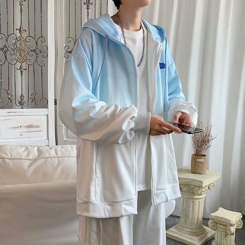 

Женский градиентный кардиган-куртка с капюшоном свободного кроя в корейском стиле - осенняя уличная мода Light Blue Fleece Lined