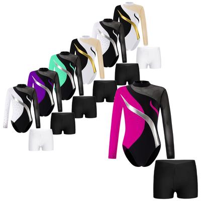 Kids Girls Figure Skating Gymnastics Costume Rhinestones Hollow Back Patchwork Long Sleeve Leotard with Shorts