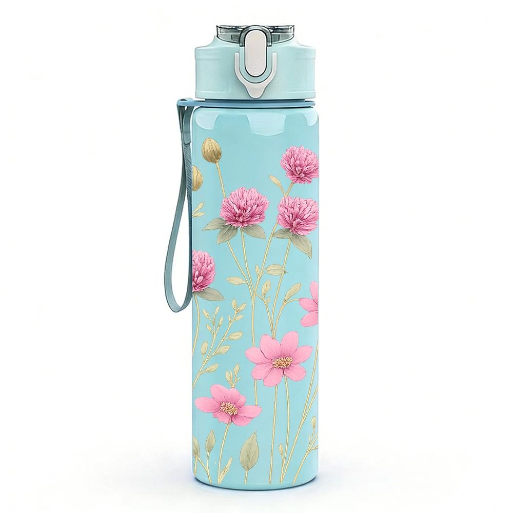 1PC Pink Small Daisy Flower Bouquet Print 750ml Color Plastic Sports Water Bottle Leakproof Flip Straw Lid Suitable for Sports Office Home Use