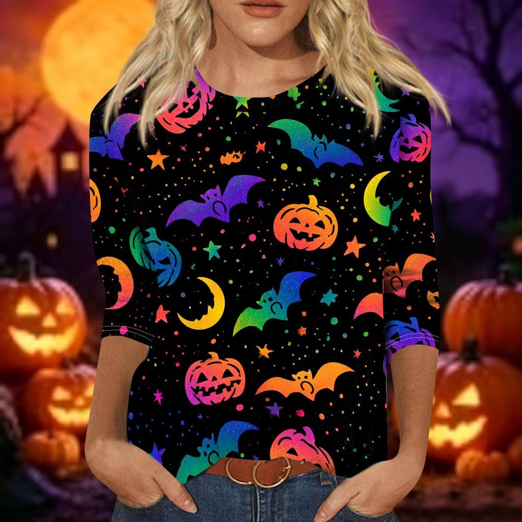 Women's Casual Halloween Print Pullover Top Three Quarter Sleeve Round Neck Shirt Lightweight Comfortable Fabric