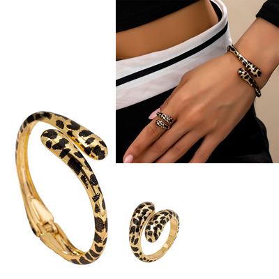 Unique Leopard Print Jewelry Adjustable Opening Bracelet and Ring Set for Fashion Enthusiasts Elegant Accessories
