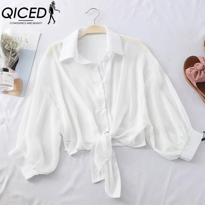 QICED Women's Fashion Casual Solid Color Print Long Sleeve POLO Neck Blouses & Shirts