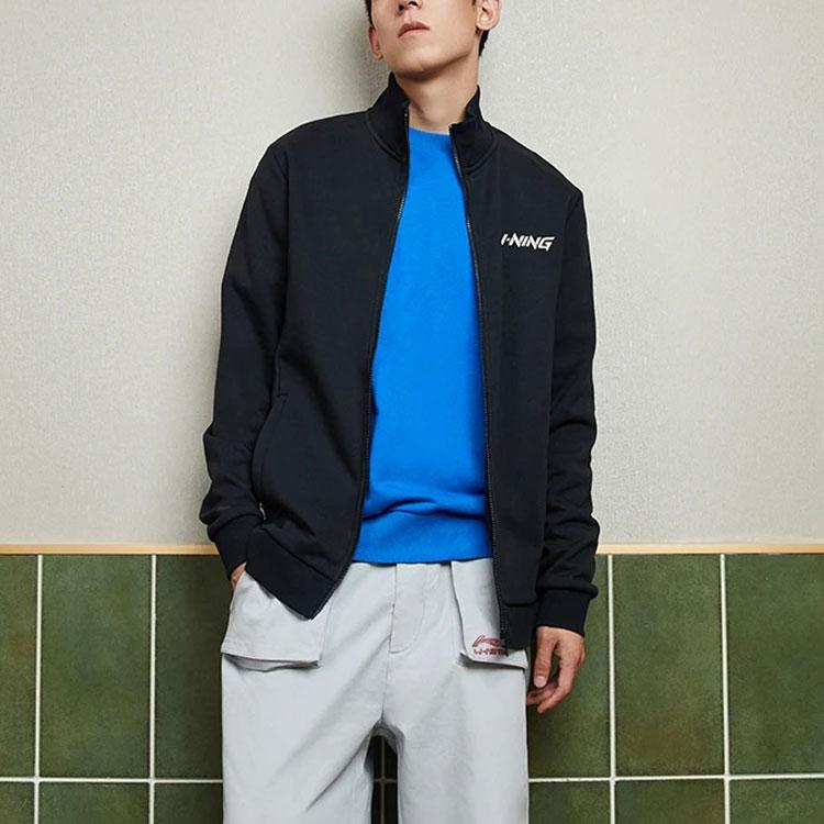 Li Ning Fleece Lined Stand Collar Long Sleeve Logo Jacket Men Jacket Black AWDRD41-1