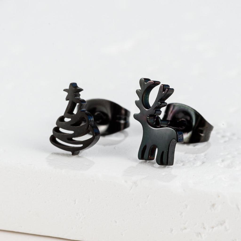 Elegant Asymmetric Reindeer Snowflake Earrings - Stainless Steel Christmas Studs for Women