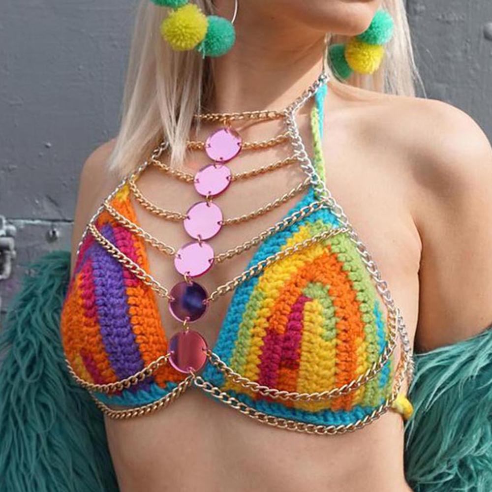 

Женский сексуальный топ в стиле панк, готики, с цепочкой для тела и блестками, укороченный топ, многослойный металлический жгут, бюстгальтер без косточек, Клубный рейв-вечери...