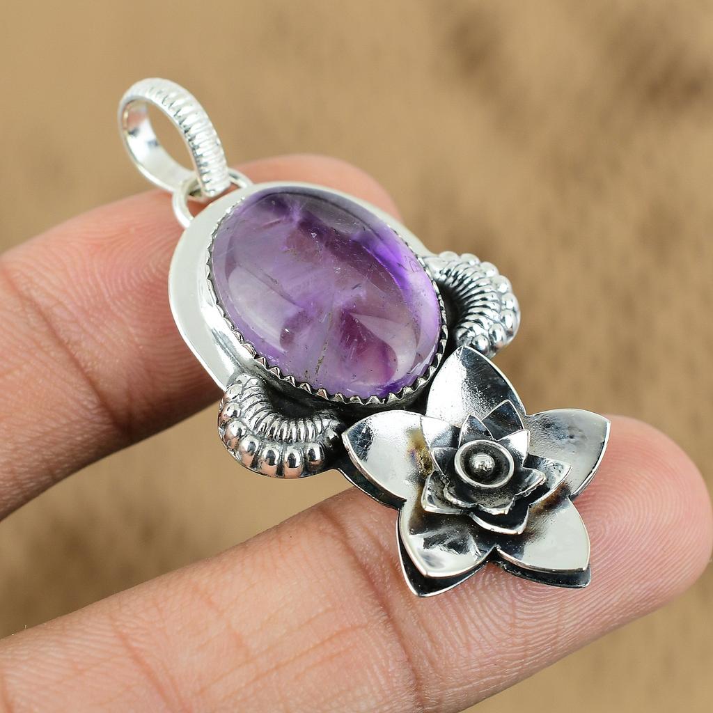Mothers day Deal Oval Star Amethyst Gemstone Flower February Pendant 925 Silver