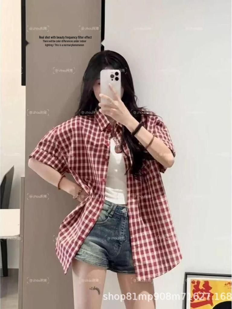 Damen Retro Hemdjacke mit rotem Karomuster - Kurzarm Top - Frühling/Sommer 2026