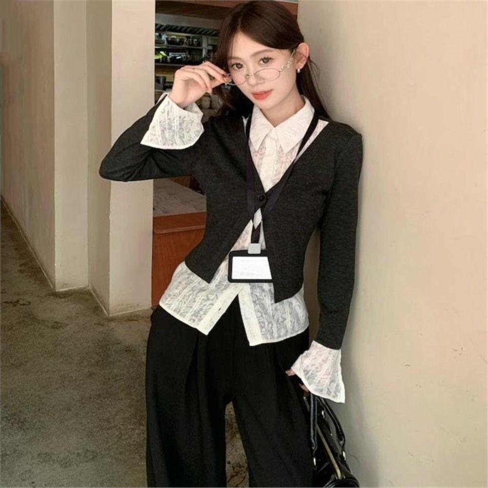 Flip Collar False Two-piece Top Slim Fit Lace Long Sleeved Knitwear Ins Lace Shirts Knitwear  Party