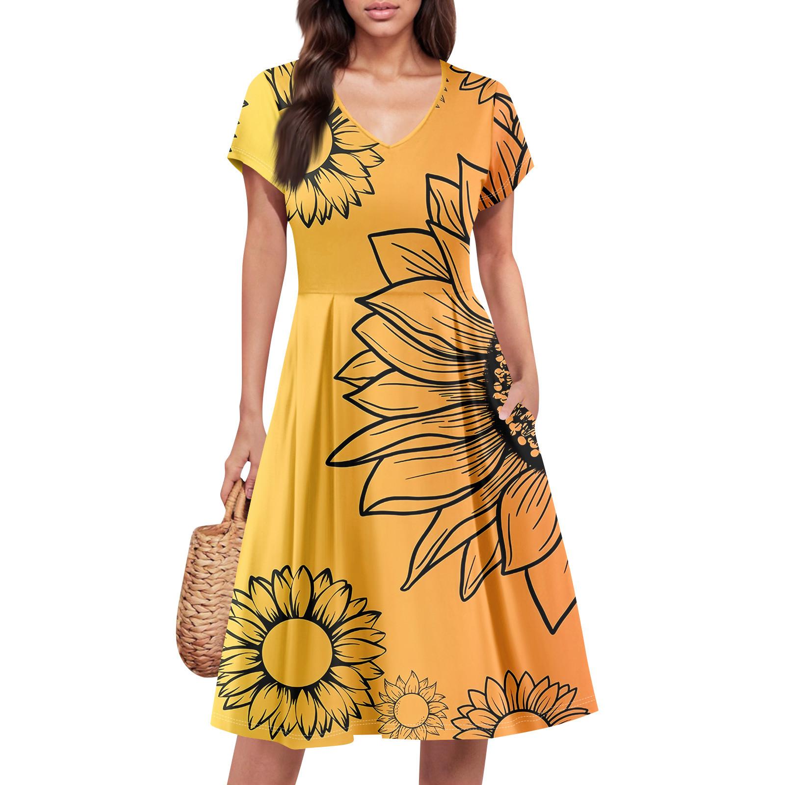 

Жіноча літня сукня з коротким рукавом, V-подібним вирізом, короткі сукні, модна повсякденна вільна сукня А-силуету, сукня-сарафан з кишенею L помаранчевий