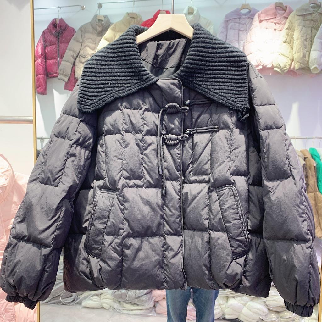 Down Jacket Women's Knitted Large Lapel Collar Short Winter Design Retro Double Button White Duck Down Thickened Coat