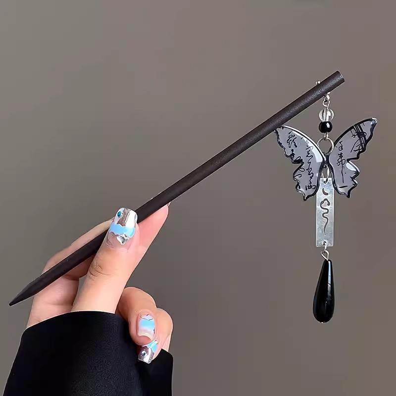 Light Luxury Wooden Tassel Hairpin For Women Vintage Ink Butterfly Pendant Hair Stick Chinese Style Ebony Wood Hair Accessories