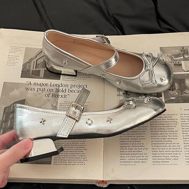 French single shoes retro round head thick heel women's shoes summer fashion bow light mouth leather shoes high heel Mary Jane shoes women