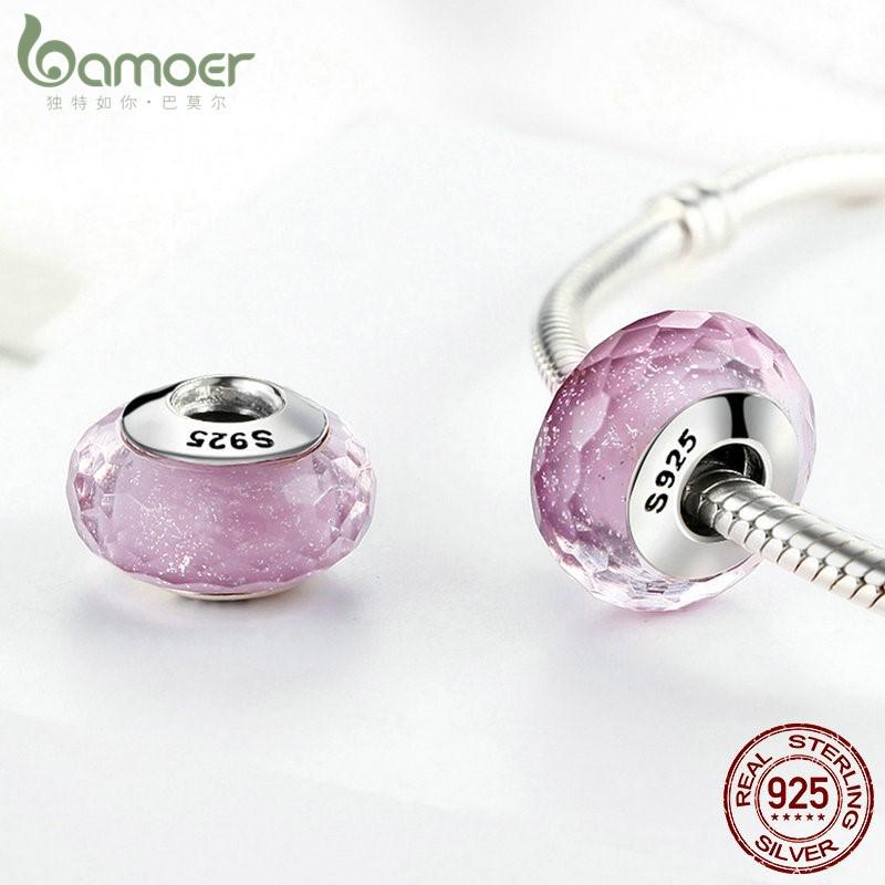 Bamoer Hot Selling Beautiful Pink Shimmer European Murano Glass Bead Charm Suitable for DIY Bracelet