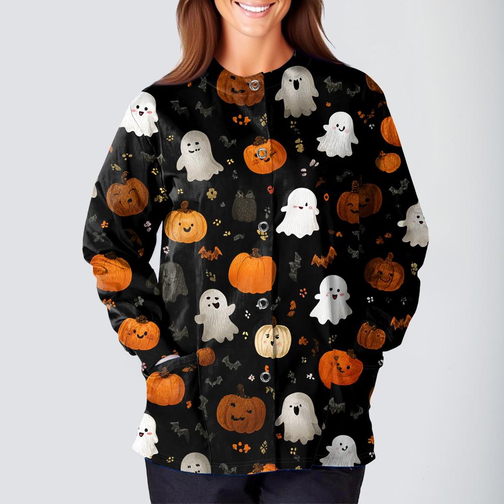 Women's Casual Fashion Long Sleeve Standing Collar Single Breasted Halloween Printed Workwear Jacket Tops