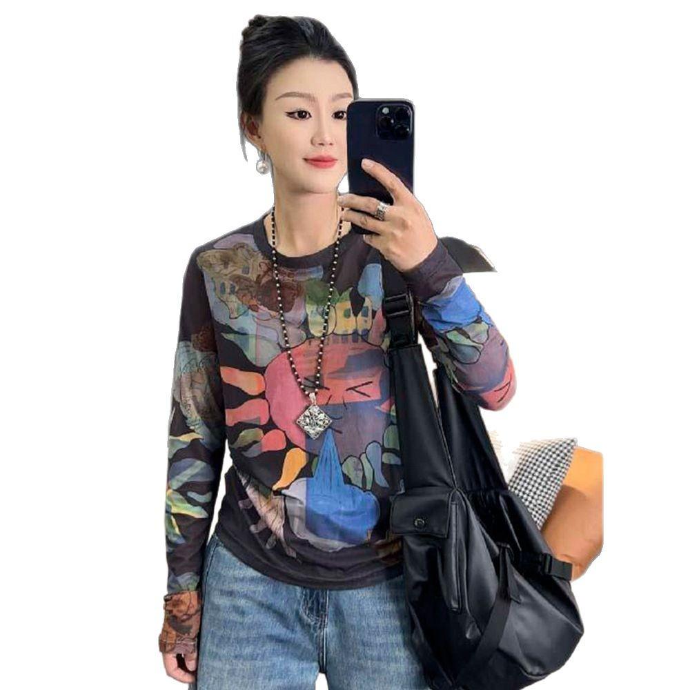 2025 Summer European-Style Women's Mesh Sun Protection Graffiti Print Casual T-Shirt