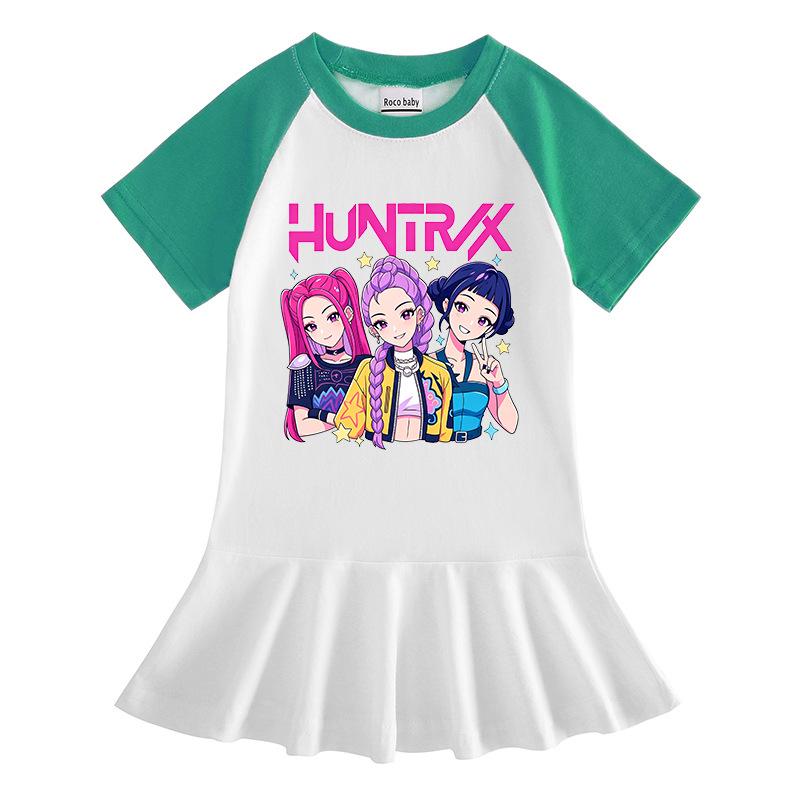 Girls' Cartoon Color Block Raglan Dress with Pleated Ruffle Skirt